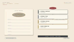Illustration on a cream parchment background. Across the center, a one-page commitment sheet shows six blank signature lines under an oval brass stamp reading "JOINT COMMITMENT." To the right, a vertical four-layer stack is labeled INTERNAL CONTROLS, INTERNAL TEAM, EXTERNAL AUDITOR, and BOARD COMMITTEE, with a chip reading "COMPANY CHOOSES AUDITOR" near the auditor layer. A muted-crimson "VOLUNTARY" wafer sits above the stack, and a dark ribbon below reads "NO PENALTY / NO DEADLINE / MORALLY BINDING." Lower corners read "FRONTIER RESPONSIBILITIES" and "SELF-POLICE."