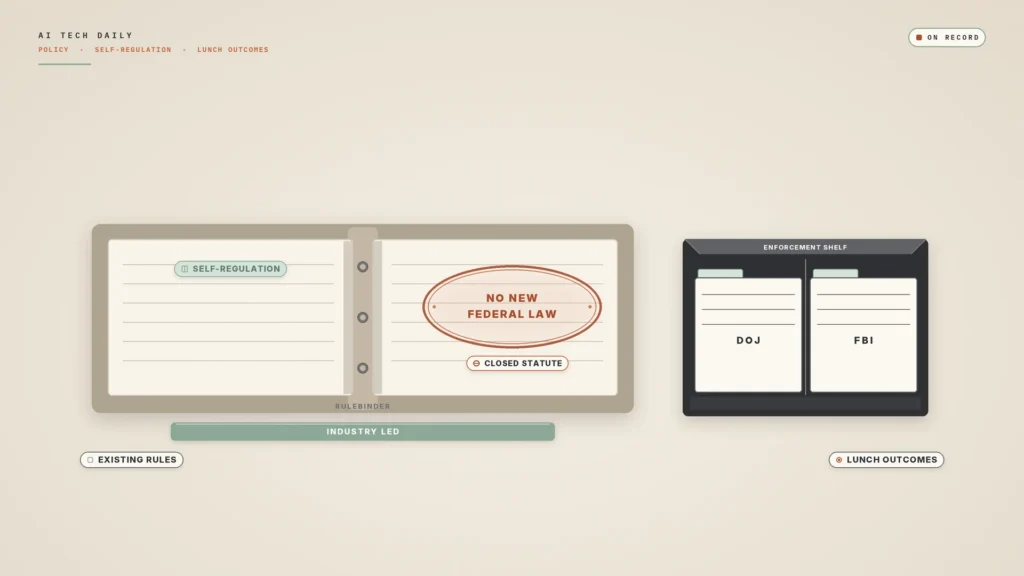 Illustration on a warm-ivory background. Across the center, a large open industry binder labeled "RULEBINDER" lies flat; the left page carries a quiet "SELF-REGULATION" chip, and the right page shows a bold rust-clay oval stamp reading "NO NEW FEDERAL LAW" above a smaller "CLOSED STATUTE" chip. To the right, a short charcoal shelf labeled "ENFORCEMENT SHELF" holds two plain unbranded folders marked only "DOJ" and "FBI," with no seals. A thin celadon band under the binder reads "INDUSTRY LED." Lower corners read "EXISTING RULES" and "LUNCH OUTCOMES."