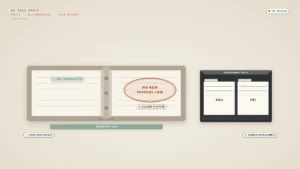 Illustration on a warm-ivory background. Across the center, a large open industry binder labeled "RULEBINDER" lies flat; the left page carries a quiet "SELF-REGULATION" chip, and the right page shows a bold rust-clay oval stamp reading "NO NEW FEDERAL LAW" above a smaller "CLOSED STATUTE" chip. To the right, a short charcoal shelf labeled "ENFORCEMENT SHELF" holds two plain unbranded folders marked only "DOJ" and "FBI," with no seals. A thin celadon band under the binder reads "INDUSTRY LED." Lower corners read "EXISTING RULES" and "LUNCH OUTCOMES."