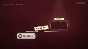Illustration of an abstract org chart on a deep oxblood background. At the top, a small pale-yellow tile reading "SI CZAR" sits above an empty rounded slot with a glowing dashed outline, clearly vacant. Lower left, a lit stone-grey node with a stacked-coins icon is labeled "TREASURY". The dotted line running from Treasury toward the empty slot is cut cleanly in the middle, leaving a visible gap, and a tilted rubber-stamp chip reading "RULED OUT" sits on the break. No other line reaches the open slot.