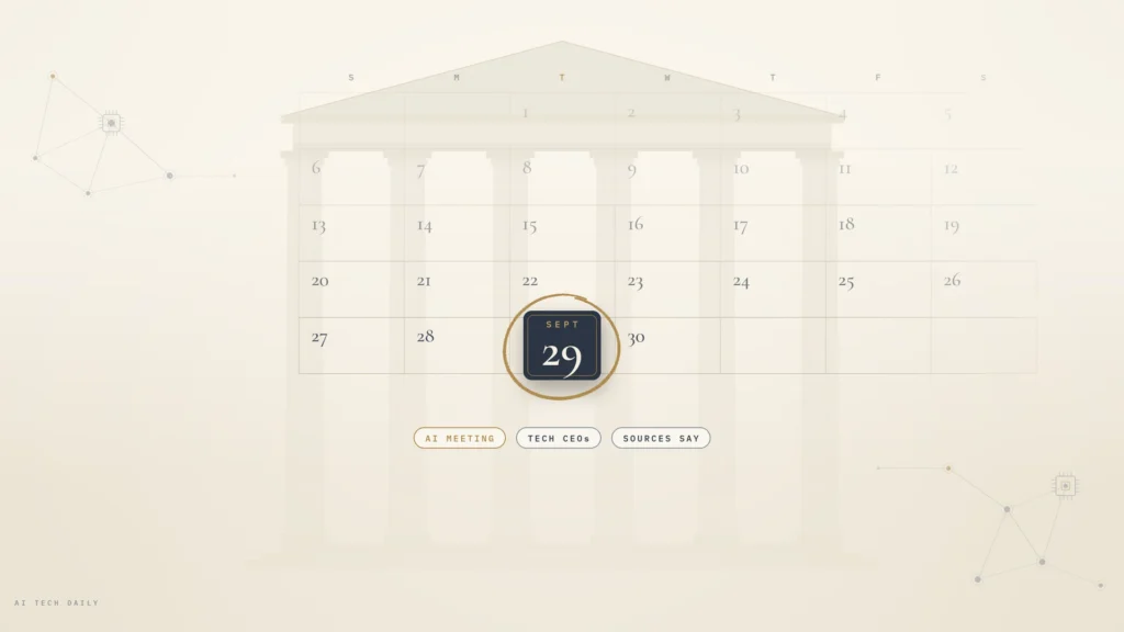 A circled Sept. 29 date tile on a September 2026 calendar grid, set against a faint, abstract neoclassical pediment and columns in warm ivory, slate and brass, with a subtle constellation of tech nodes. Small labels read AI meeting, tech CEOs and sources say.