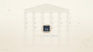 A circled Sept. 29 date tile on a September 2026 calendar grid, set against a faint, abstract neoclassical pediment and columns in warm ivory, slate and brass, with a subtle constellation of tech nodes. Small labels read AI meeting, tech CEOs and sources say.