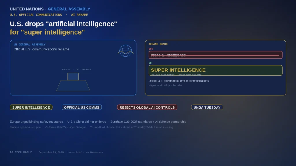 Editorial board: UN General Assembly podium cue beside a rename board striking artificial intelligence for SUPER INTELLIGENCE, with OFFICIAL US COMMS and REJECTS GLOBAL AI CONTROLS chips; navy/gold/UN blue; no Trump likeness; not UK Parliament, Bessent, or Sanders ban twin.