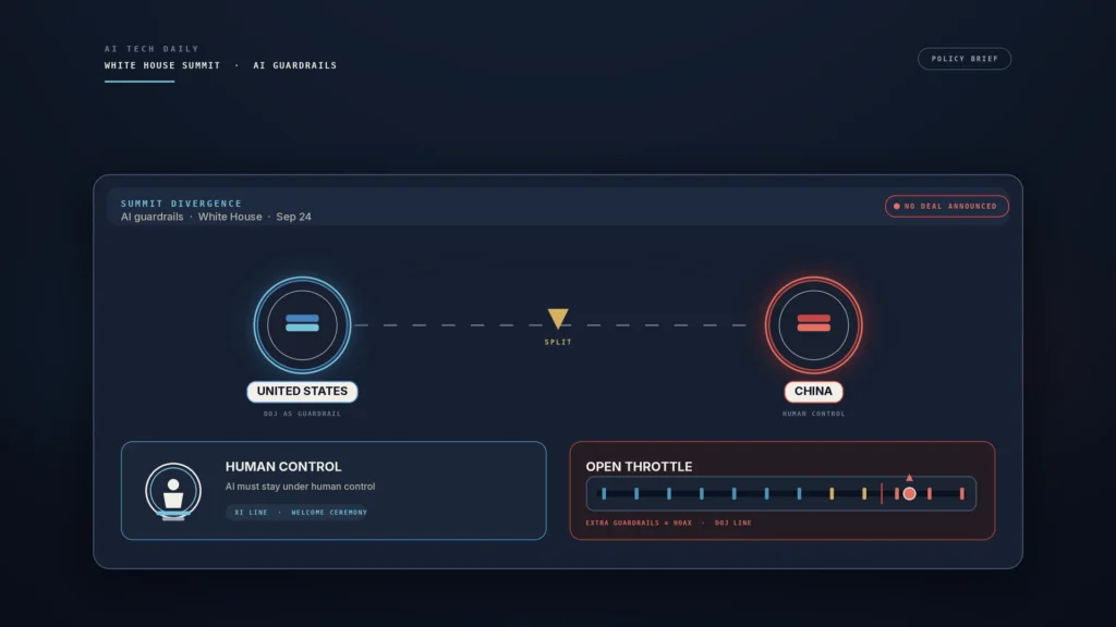 Editorial summit-divergence board: cool navy/slate/ivory two-node US/China dial under human-control glyph vs open-throttle bar; restrained red accent; no likenesses or seals.