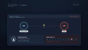 Editorial summit-divergence board: cool navy/slate/ivory two-node US/China dial under human-control glyph vs open-throttle bar; restrained red accent; no likenesses or seals.