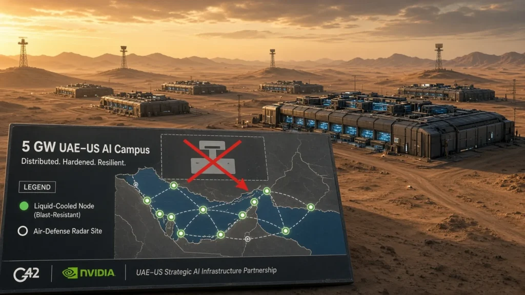 Hardened UAE AI campus at dusk with 5GW distributed redesign board, G42 and Nvidia marks