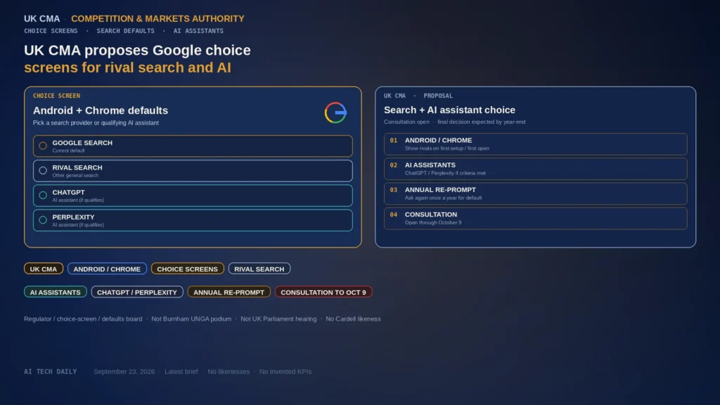Editorial regulator choice-screen board: abstract Android/Chrome picker with rival search + ChatGPT/Perplexity rows, annual re-prompt and Oct 9 consultation chips; navy/amber; no podium, no hearing chamber.