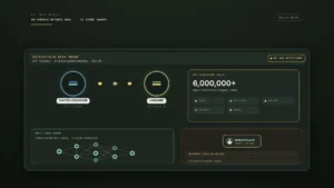 Editorial battlefield-data-share board: cool olive/slate/amber UK–Ukraine data conduit, 6M+ UAS detections tally, multi-node swarm mesh, and human-in-loop chip; no likenesses or seals.
