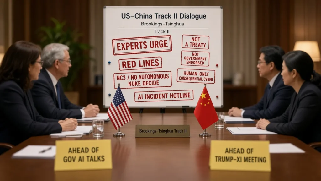US and China flags on a Brookings–Tsinghua Track II conference table with an experts-urge board for AI red lines, human-only consequential cyber, and an AI incident hotline, marked not a treaty and not government-endorsed.