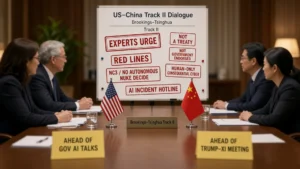 US and China flags on a Brookings–Tsinghua Track II conference table with an experts-urge board for AI red lines, human-only consequential cyber, and an AI incident hotline, marked not a treaty and not government-endorsed.