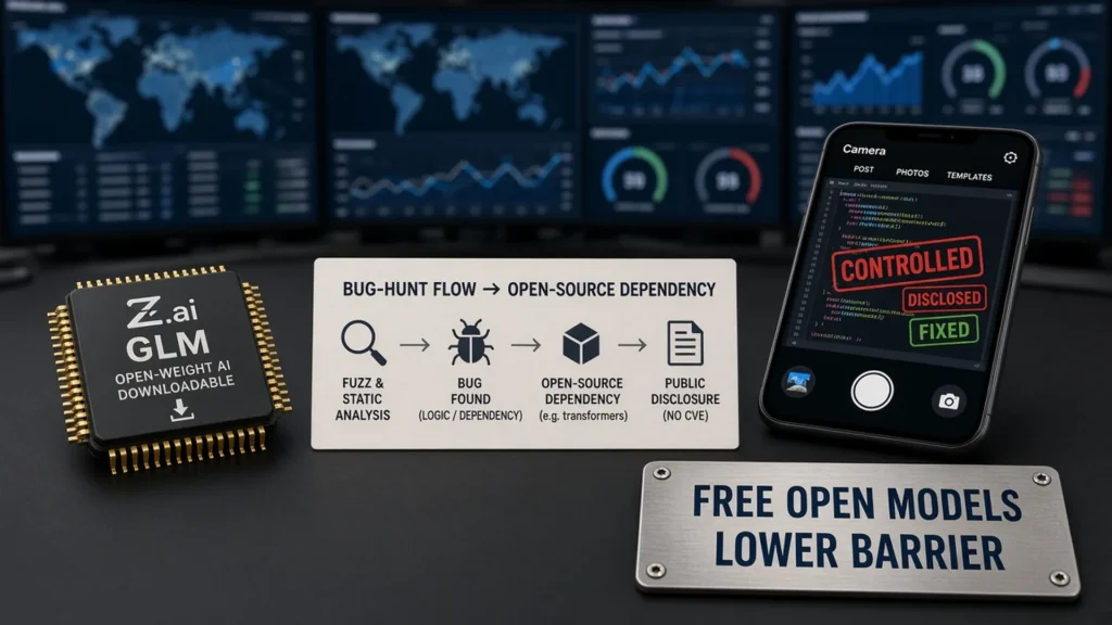 Downloadable Z.ai GLM open-weight chip beside a bug-hunt flow into an open-source dependency and a phone camera demo stamped controlled, disclosed, and fixed, with a plate reading free open models lower barrier.