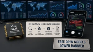 Downloadable Z.ai GLM open-weight chip beside a bug-hunt flow into an open-source dependency and a phone camera demo stamped controlled, disclosed, and fixed, with a plate reading free open models lower barrier.