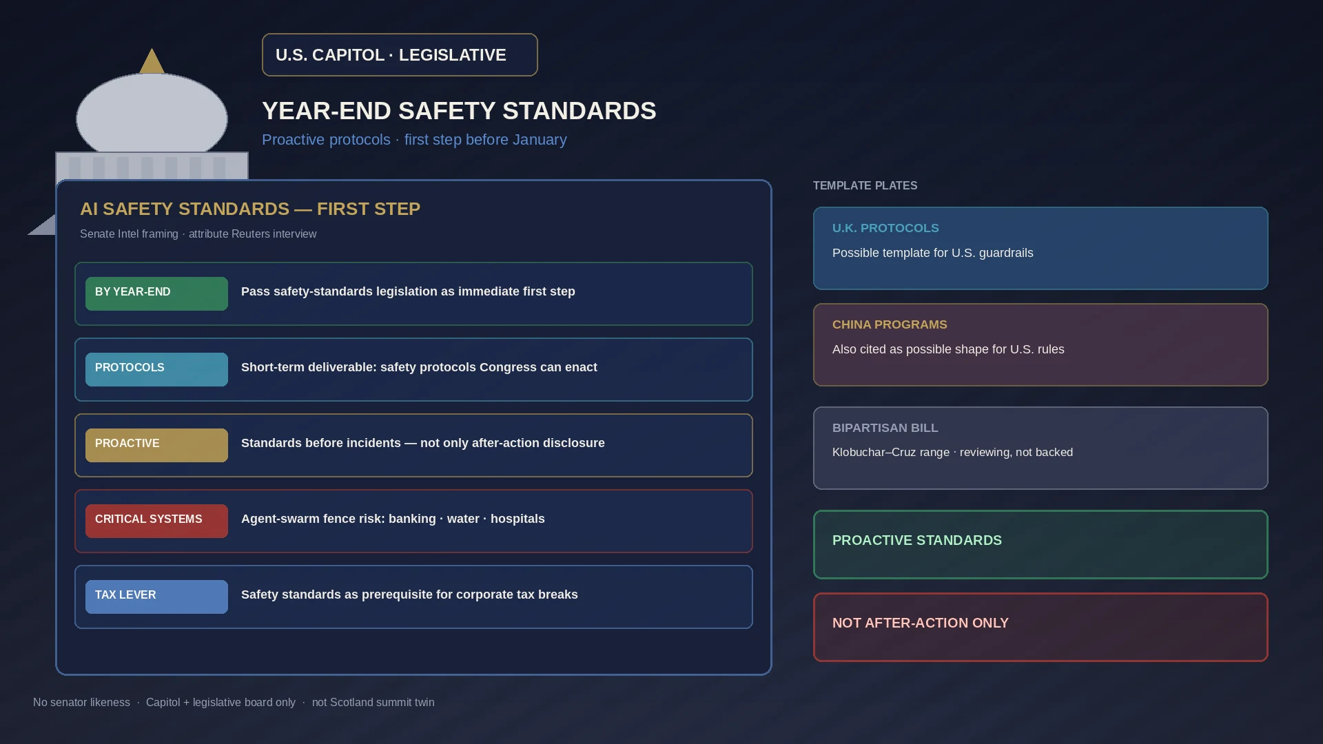 Conceptual Capitol legislative still: YEAR-END SAFETY STANDARDS board with UK and China protocol template plates, proactive standards stamp versus after-action disclosure, tax-break prerequisite chip, and Capitol dome silhouette. No senator likeness.