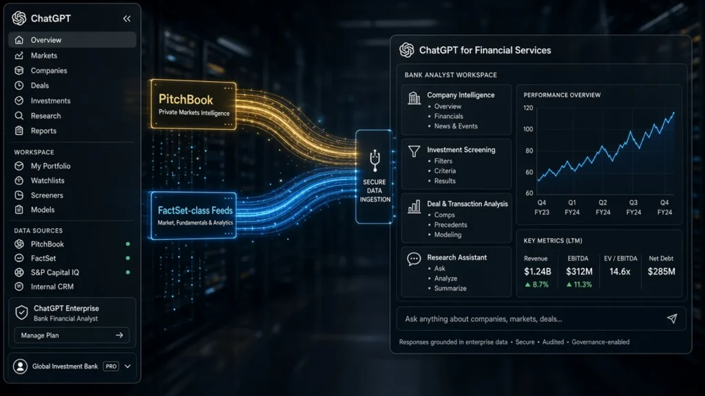 ChatGPT for Financial Services bank-analyst workspace with PitchBook and FactSet-class market-data pipes feeding in.
