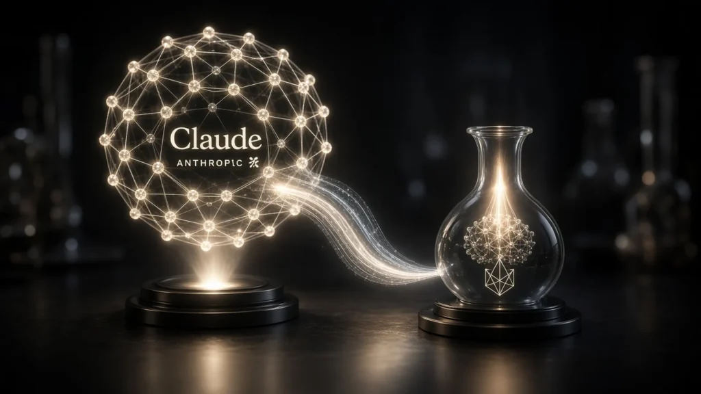Claude teacher neural sphere pouring capability streams into a smaller student model flask.
