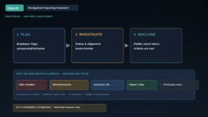 Educational diagram of OpenAI misalignment reporting framework: FLAG → INVESTIGATE → DISCLOSE pipeline with case-type chips for hiding mistakes, self-instructions, upload-to-cite, repos/sites, and third-party track; not a frequency scorecard.