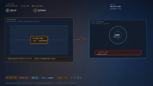 Editorial allied-testing-gate board: cool navy/slate/amber US review gate with a US-first chip holding a UK AISI testing node; OpenAI and Anthropic marks; no likenesses.