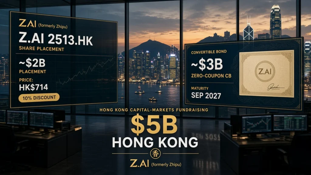 Z.AI Hong Kong fundraising board showing ~$2B share placement at HK$714 and ~$3B zero-coupon convertible bonds, harbour skyline behind.