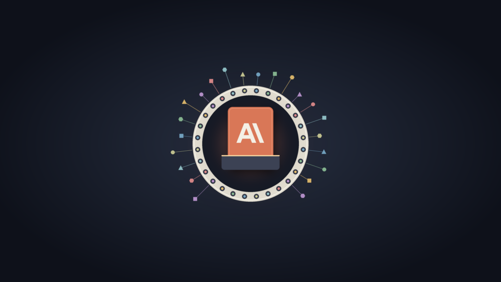 An orange skill card bearing the Anthropic logo docks into the center of a wide open bone-white ring lined with sockets on a dark slate background, with colored connectors of different shapes fanning outward from the ring.