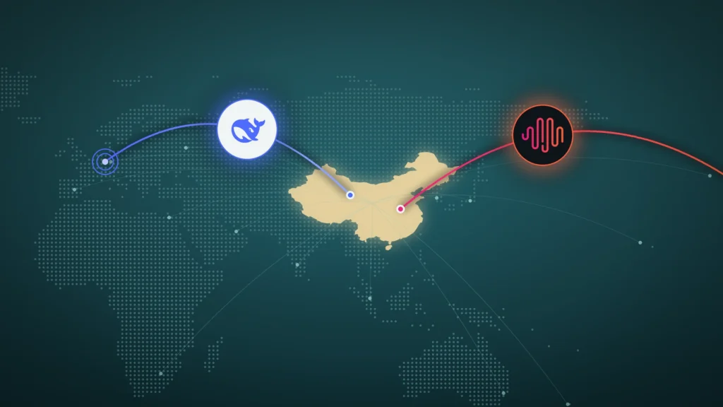 Dark teal dotted world map with mainland China glowing gold at center; a blue route carrying the DeepSeek whale logo arcs west to Europe, and a pink-orange route carrying the MiniMax wave logo arcs east across the Pacific, with faint threads to nodes worldwide.