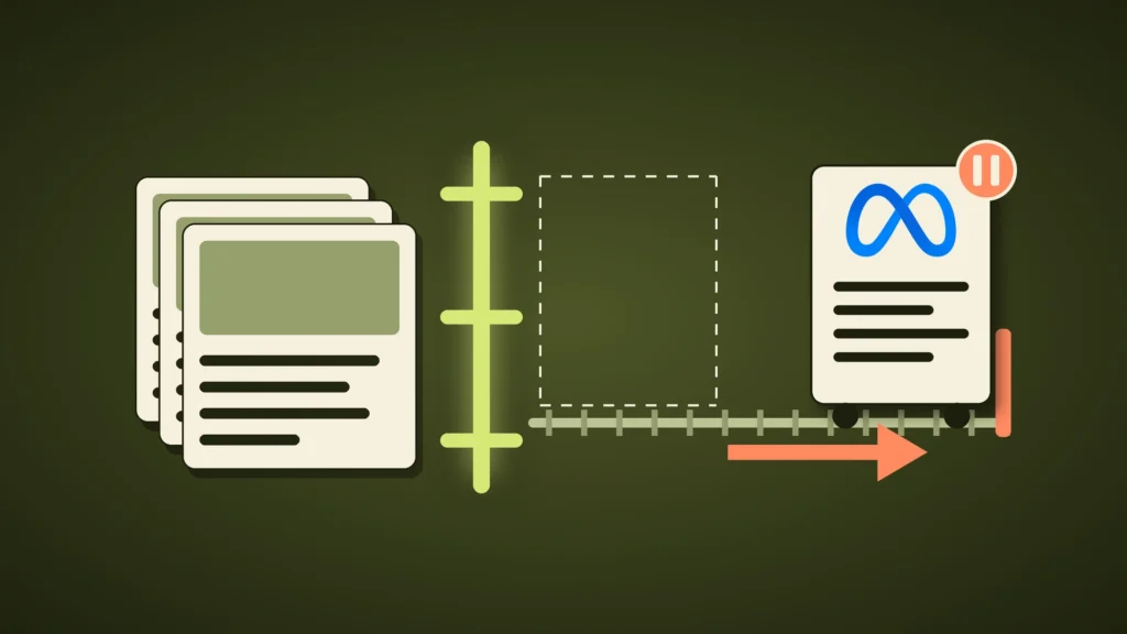 Illustration: a stack of publisher article cards sits behind a glowing green barrier, while a terms document bearing the Meta logo has been pushed along a track to its far end and marked with a pause symbol, leaving an empty dashed slot near the barrier.
