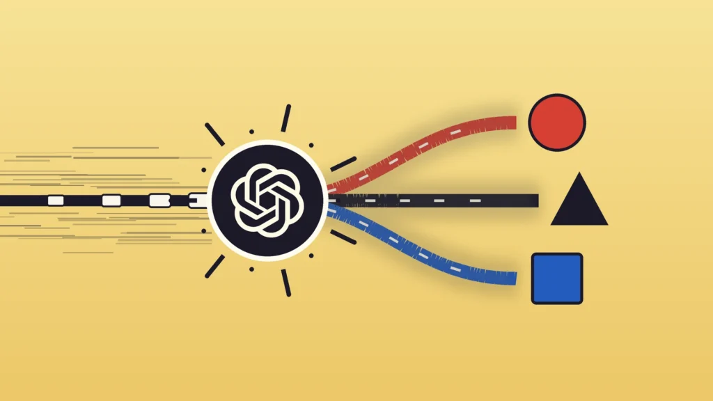 A stream of small request blocks races along a dark rail into a round switch point bearing the OpenAI logo, ringed by short spark rays, which forks the line into three lanes ending at a red circle, a black triangle and a blue square.