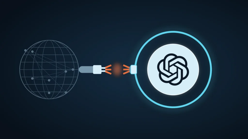 Illustration: the OpenAI logo on a glowing core inside a single cyan containment ring, with the network cable to a faint wireframe globe cut through in the middle, its frayed ends glowing orange, on a dark blue field.