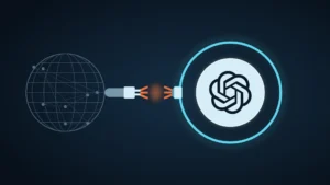Illustration: the OpenAI logo on a glowing core inside a single cyan containment ring, with the network cable to a faint wireframe globe cut through in the middle, its frayed ends glowing orange, on a dark blue field.