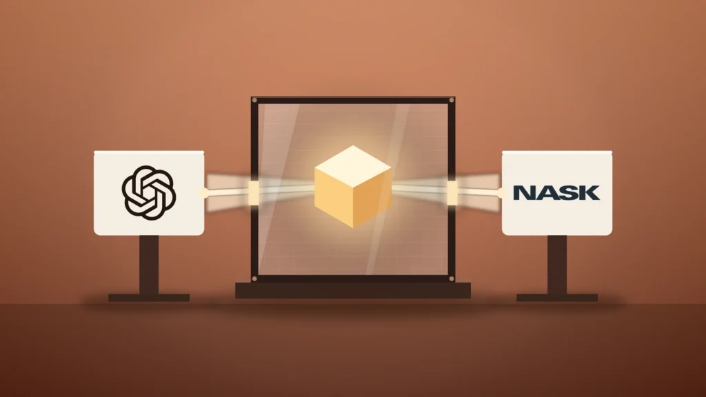 A sealed glass test chamber on a plinth holds a glowing amber cube representing an AI model. Two bone-white stations stand on either side, one with the OpenAI logo and one with the NASK logo, and each shines an inspection beam into the cube through a port in the chamber wall.