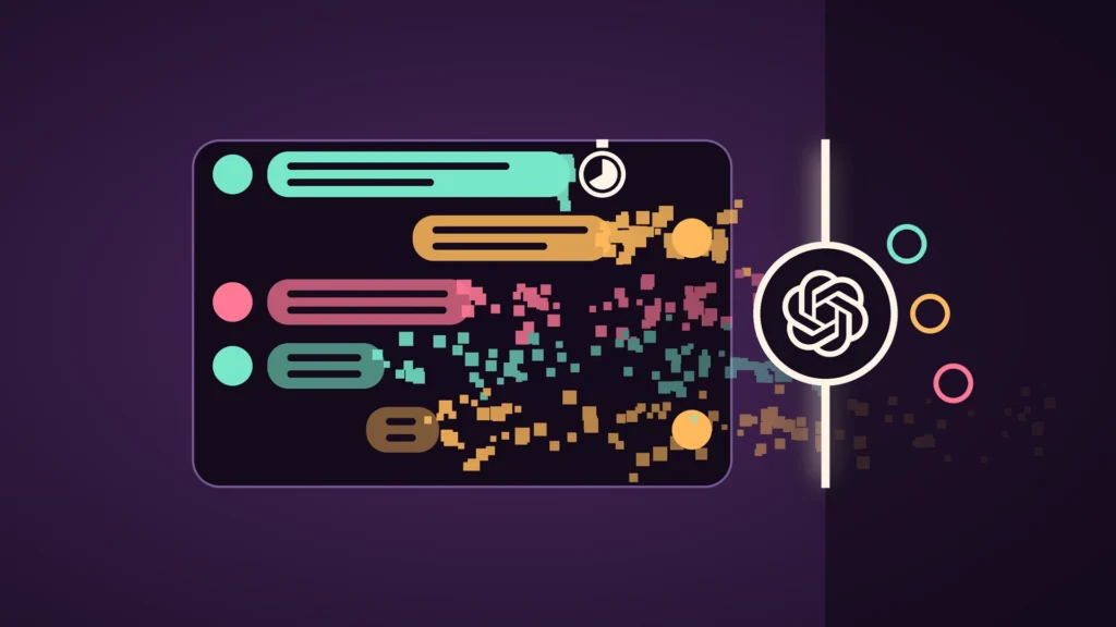 A dark chat thread between three colour-coded avatar dots, its message bubbles dissolving into drifting pixels under a timer icon, is cut off at a bright vertical edge bearing the OpenAI logo; beyond it, three hollow rings in the same colours sit outside.
