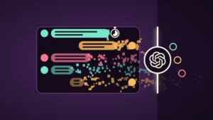 A dark chat thread between three colour-coded avatar dots, its message bubbles dissolving into drifting pixels under a timer icon, is cut off at a bright vertical edge bearing the OpenAI logo; beyond it, three hollow rings in the same colours sit outside.