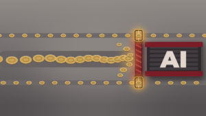 Gold coin tiles flow along a wide lane into a red barrier that blocks a shuttered box labeled AI, while smaller coin lanes above and below pass through glowing scanner gates.