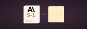 Illustration: a stack of filing pages topped by the Anthropic logo and the label "S-1" sits on a dark plum background, linked by a short level dotted path to a large, softly lit open window.