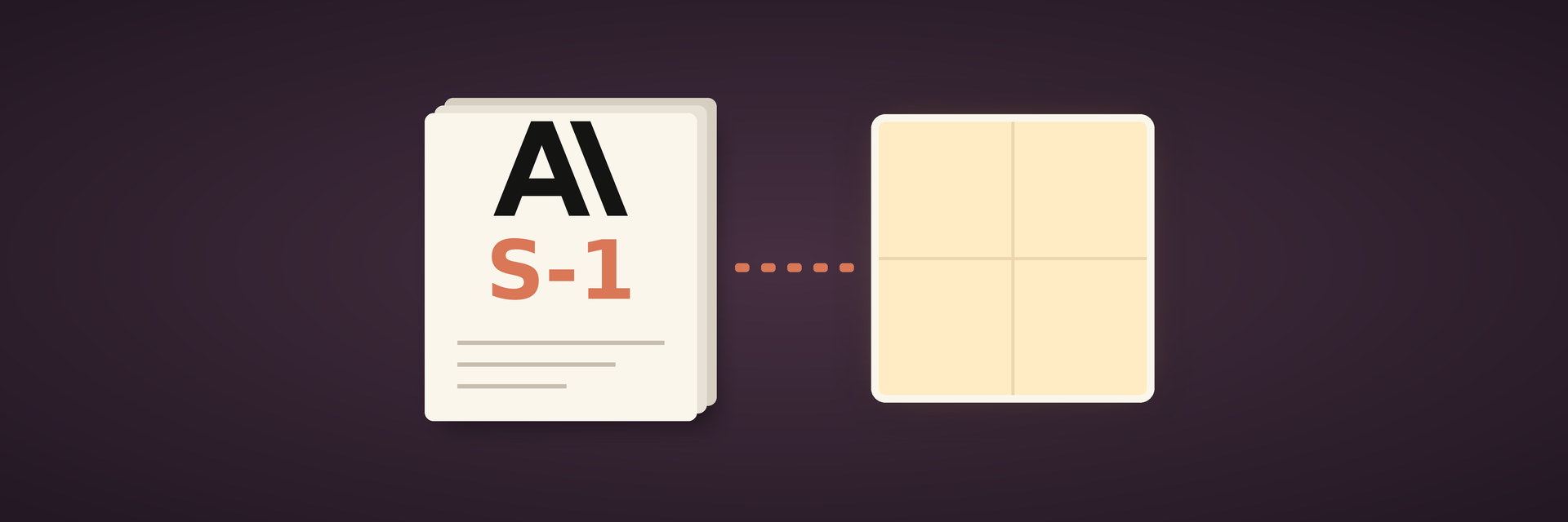 Illustration: a stack of filing pages topped by the Anthropic logo and the label "S-1" sits on a dark plum background, linked by a short level dotted path to a large, softly lit open window.