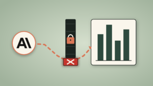 Illustration: a dashed orange path from the Anthropic logo slips under a dark paywall barrier marked with a padlock and reaches a panel of aggregate bar-chart totals; a red block marked with an X now closes the gap under the barrier.
