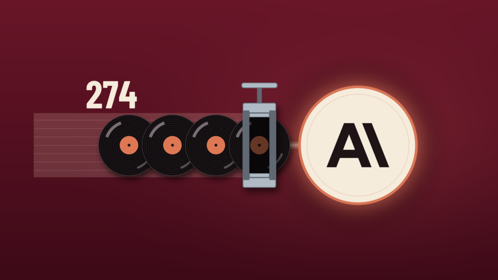 A row of black vinyl records with blank orange labels, standing for the 274 songs at issue in the Presley rights holders' lawsuit, slides along a track toward a glowing cream disc bearing the Anthropic logo, but a steel clamp grips the last record at the intake, pinching the stream to a thin line; the number 274 sits above the records on a deep cherry background.
