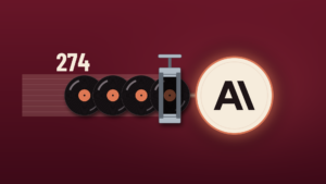 A row of black vinyl records with blank orange labels, standing for the 274 songs at issue in the Presley rights holders' lawsuit, slides along a track toward a glowing cream disc bearing the Anthropic logo, but a steel clamp grips the last record at the intake, pinching the stream to a thin line; the number 274 sits above the records on a deep cherry background.