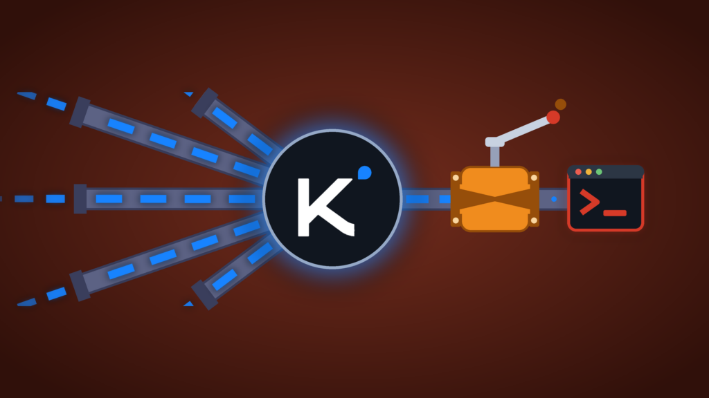 Illustration: the Kimi logo on a dark core with glowing blue data flowing freely through five open pipes, while a single pipe leading to a red-outlined command-terminal icon is fitted with an orange limiter valve that cuts its flow to a trickle, on a deep oxblood-red background.