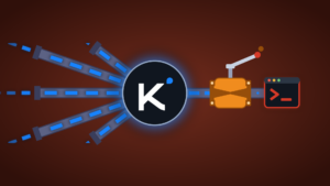 Illustration: the Kimi logo on a dark core with glowing blue data flowing freely through five open pipes, while a single pipe leading to a red-outlined command-terminal icon is fitted with an orange limiter valve that cuts its flow to a trickle, on a deep oxblood-red background.