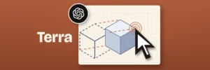 A large black-and-white computer cursor clicks a corner of a solid 3D block that has been lifted out of a dashed line drawing on a cream drafting sheet, with the OpenAI logo pinned at the sheet's corner and the word "Terra" beside it on a warm sienna background.