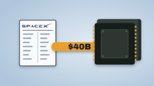 Illustration: an orange channel labeled "$40B" runs straight out of a SpaceX ledger sheet into a large GPU chip module.