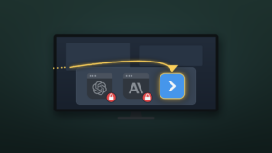 A computer monitor's app dock shows the ChatGPT (OpenAI) and Claude (Anthropic) marks greyed out inside small browser-window tiles, each with a red padlock, while a glowing yellow path arcs over them into a single lit, unbranded blue app tile.