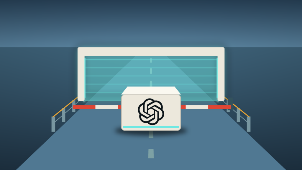 Illustration: a pale model unit bearing the OpenAI logo waits behind a lowered red-and-white barrier arm in front of a glowing inspection arch with a cyan scanning curtain, on a release lane with short amber guard rails, against a steel-blue dusk.