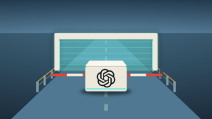 Illustration: a pale model unit bearing the OpenAI logo waits behind a lowered red-and-white barrier arm in front of a glowing inspection arch with a cyan scanning curtain, on a release lane with short amber guard rails, against a steel-blue dusk.