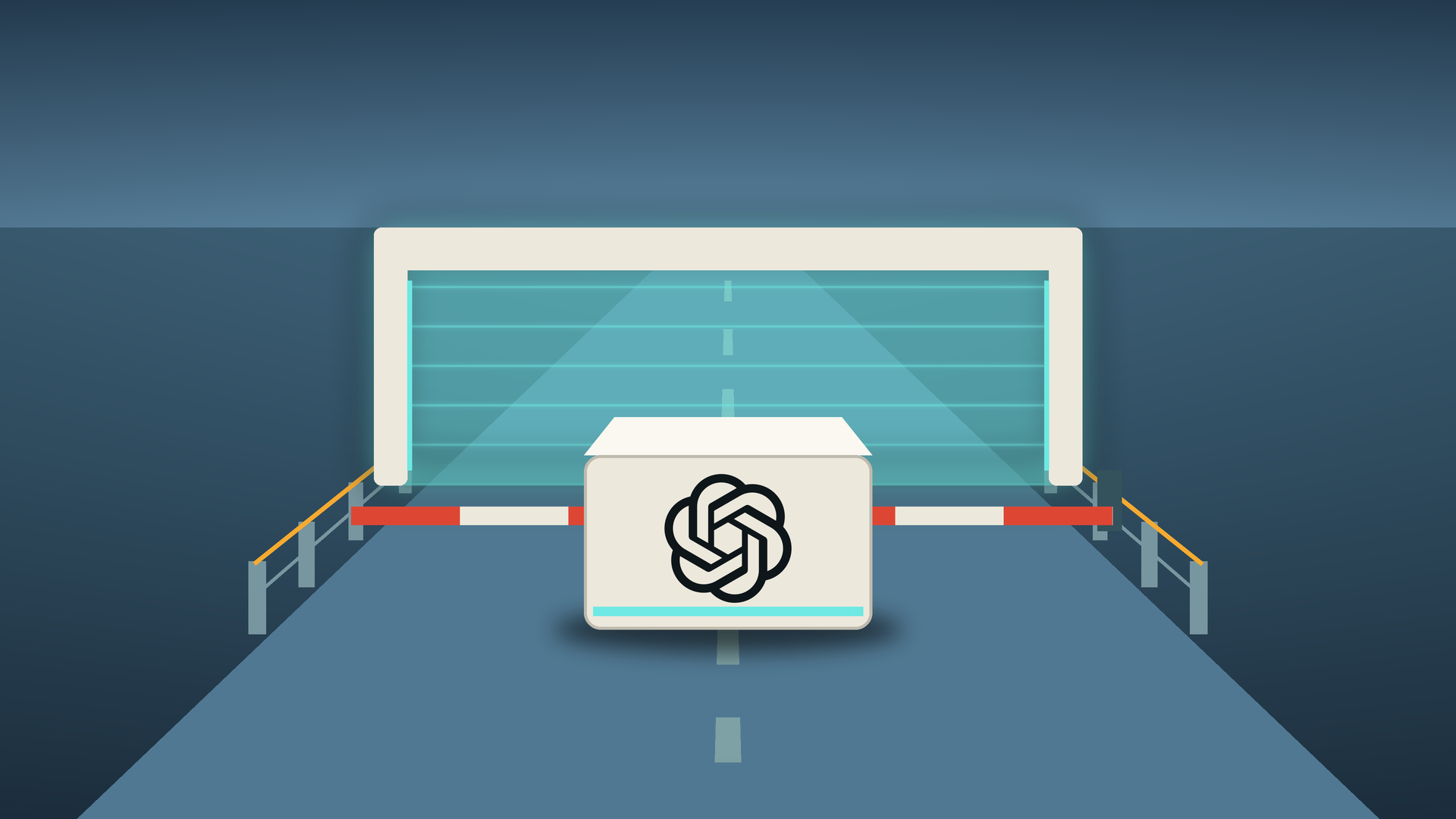 Illustration: a pale model unit bearing the OpenAI logo waits behind a lowered red-and-white barrier arm in front of a glowing inspection arch with a cyan scanning curtain, on a release lane with short amber guard rails, against a steel-blue dusk.