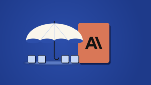 A cream umbrella shelters four small blue cubes, while a much larger clay-colored block carrying the Anthropic logo stands at its edge, only a corner reaching under the canopy.