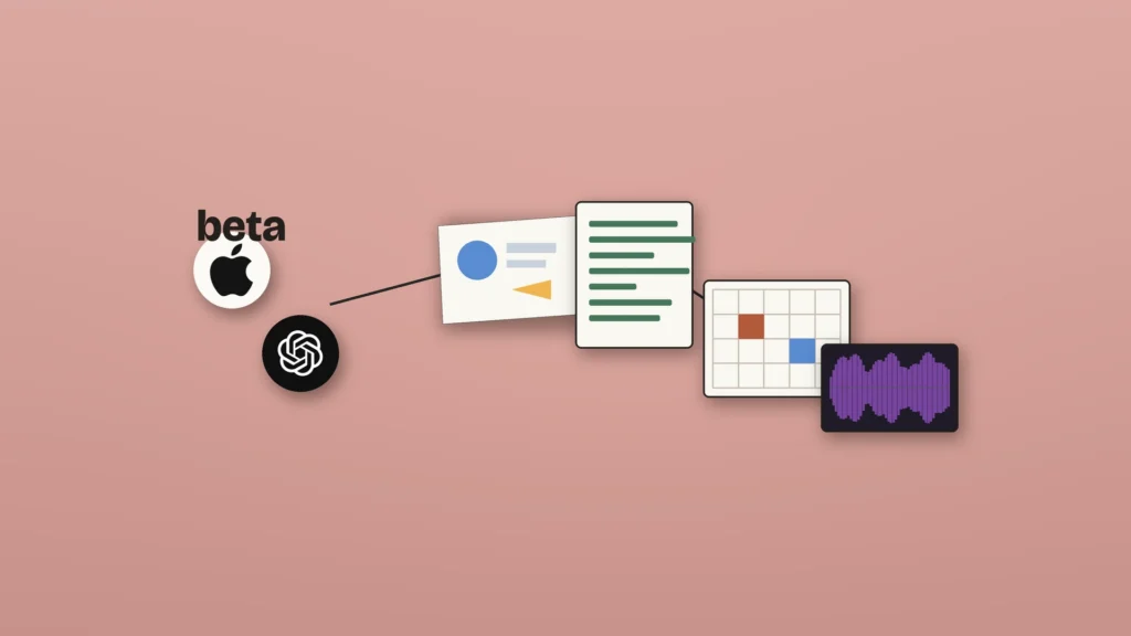 Apple and OpenAI marks sit left of abstract Keynote, Pages, Numbers and Logic canvases linked by a thin assistant thread, with the word "beta" above the Apple mark on a soft peach-rose ground.
