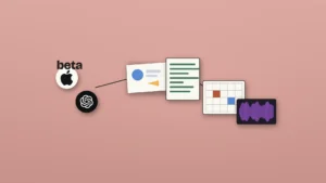 Apple and OpenAI marks sit left of abstract Keynote, Pages, Numbers and Logic canvases linked by a thin assistant thread, with the word "beta" above the Apple mark on a soft peach-rose ground.