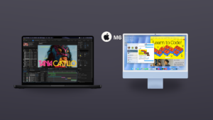 Studio-graphite photo-hybrid of a Space Black MacBook Pro (After Effects on screen) beside a blue iMac (Messages and Safari) — clean Apple Newsroom cutouts with the Apple mark and M6 label on clear ground.