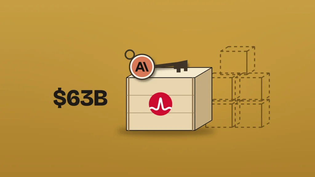 A sealed wooden shipping crate bearing the Broadcom logo, with a key resting on its lid whose round fob carries the Anthropic logo, stands in front of a dashed outline of more crates still to come, beside the figure "$63B" on an ochre-gold background.